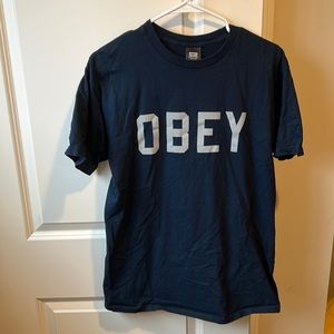 Obey Navy Reflective lettering Tshirt - Size M